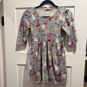 Gray Kids Dress with Festive Winter Print and POCKETS!!!!